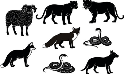 Wild animal silhouettes including ram, panther, fox, snake, and wolf in black and white vector style for design use.