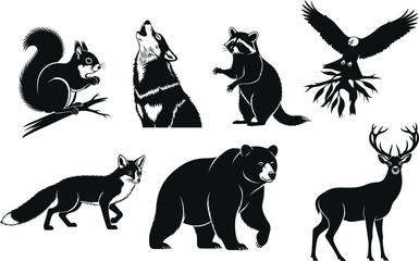 Wild animal silhouettes vector set featuring bear, deer, fox, eagle, wolf, raccoon, squirrel in black and white style