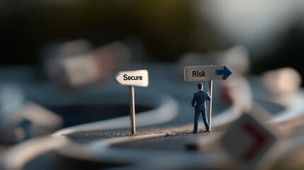 A crossroads dilemma: a miniature figure contemplates choosing between "Secure" and "Risk", highlighting the balance between safety and potential reward in business and personal choices.