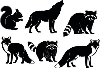 Wild Forest Animal Silhouettes Collection Featuring Fox, Wolf, Squirrel, and Raccoon in Black and White Vector Illustration Style