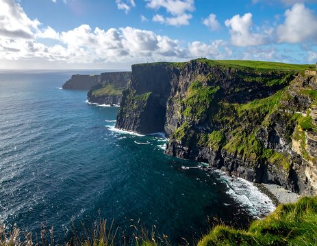 Scenic coastal cliffs meet the ocean under a partly cloudy sky. Green fields top the cliffs, while sunlight illuminates the water - Powered by Adobe