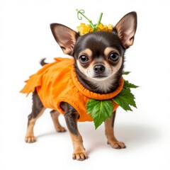 Obraz premium Adorable dog dressed as pumpkin with vibrant colors and charming expression