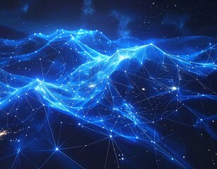 Abstract blue network forming a digital landscape against a starry cosmos