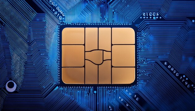 detailed view of credit card chip against deep blue m illustrating digital transaction security