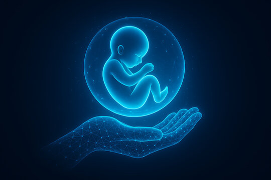 Universal children's day futuristic dark-blue illustration showing a glowing baby fetus floating within a sphere above a delicate, polygonal, human hand, representing protection and life - Powered by Adobe