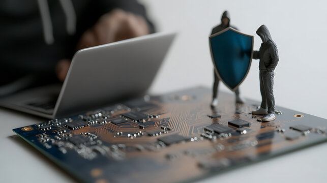 Cybersecurity threat with hooded figures holding a shield above a circuit board, while a person uses a laptop, symbolizing digital risk and protection.