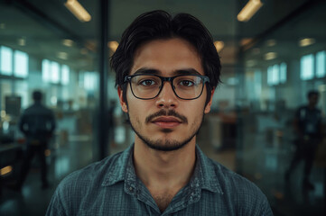 Obraz premium Focused young man with glasses in modern office portrait gaze