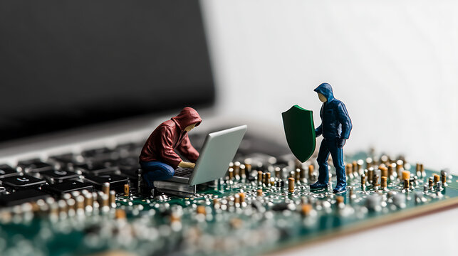 Miniature figures on a circuit board depict a hacker and a security guard symbolizing cybersecurity threats and data protection in the digital world.