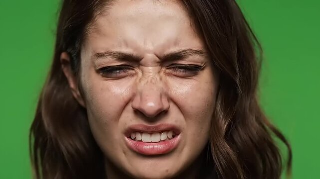 Close-up of a young woman's face expressing strong disgust