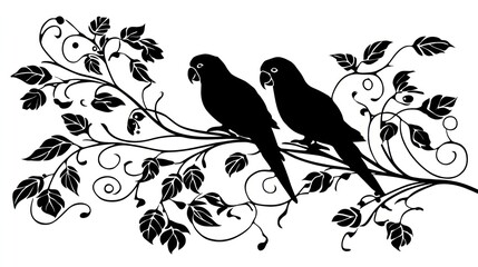 Silhouetted parrots perched on branch with leafy vines in black and white