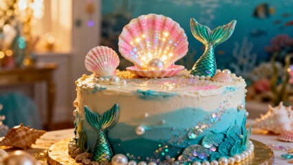 Cake with mermaid theme decorations, an oceanic fantasy dessert creation, creating an atmosphere of underwater magic and enchanting celebration.