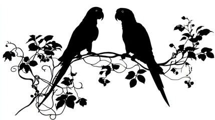 Silhouette of two birds perched on a branch with foliage vector illustration