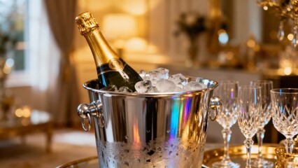 Champagne chiller bucket, an elegant beverage cooling accessory, creating an atmosphere of sophisticated entertaining and celebratory preparation.