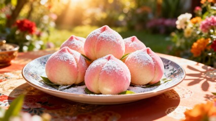 Chinese birthday peach buns, traditional steamed buns for celebration, creating an atmosphere of cultural symbolism and festive longevity.
