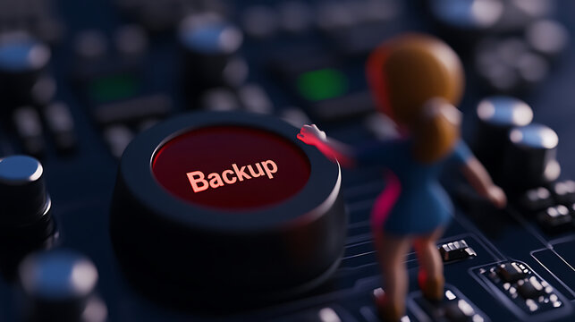 Close-up of a toy woman figure pressing a red button labeled "Backup" on a high-tech control panel, symbolizing data protection and digital security in a miniature, conceptual scene.