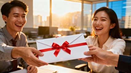 Coworkers handing over envelope, an office ceremonial moment, creating an atmosphere of formal recognition and professional appreciation.