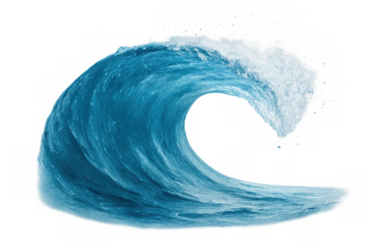 Powerful blue ocean wave cresting and breaking, showing water movement, foam, and spray on a transparent background