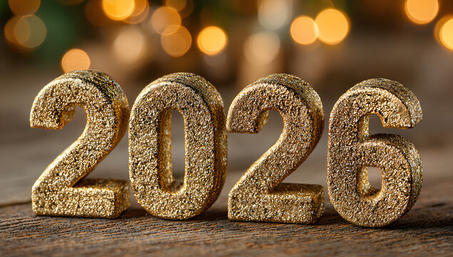 Minimalist Golden 3D "2026" Numbers on Elegant Abstract Bokeh Background