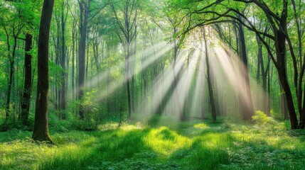 Obraz premium Sunlight streaming through lush forest canopy nature scene landscape photography tranquil environment eye-level view serene beauty