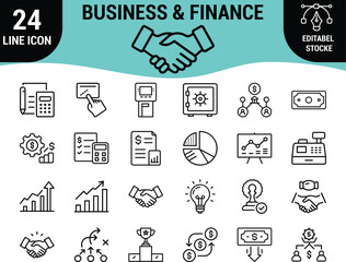 Business and Finance Line Icons Set &ndash; Editable Stroke Vector Icons of Money, Growth, Investment, Analytics, Banking, and Partnership for Corporate and Financial Design Projects
