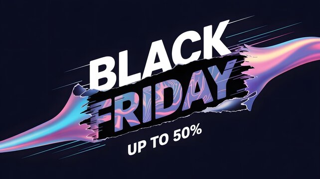 Abstract black friday sale banner with holographic effect, highlighting up to 50 off discounts and promoting online shopping deals