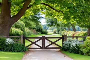 Obraz premium Wooden country gate blocking estate driveway entrance
