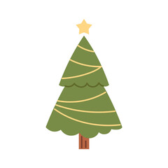 Vector illustration of green Christmas tree with yellow garland, and star on top, isolated on white background. Festive flat icon for winter holiday card, decoration, invitation, and seasonal design.