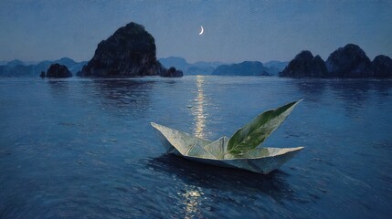 Paper boat sailing on calm water under a crescent moon at night
