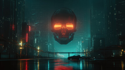 Obraz premium Techno skull hovering above futuristic city at night with neon reflections and pulsating light