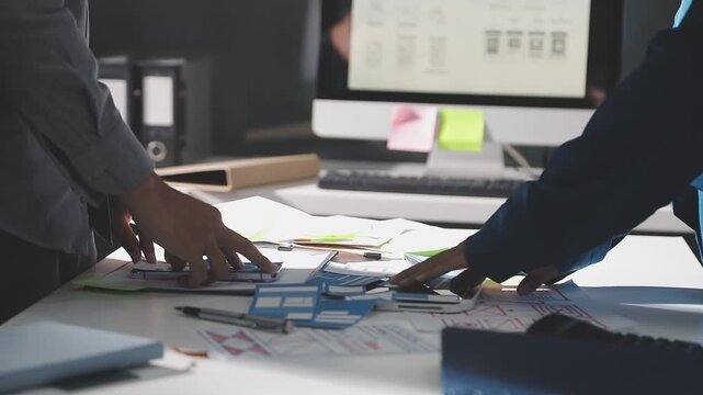 Group of young Asian uxui designers working together pointing at computer screen analyzing mobile app interface wireframes while working in a modern office