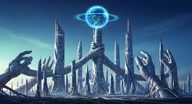Futuristic cityscape with towering skyscrapers and robotic hand structures holding a glowing Earth, showcasing innovation and a sustainable future