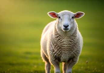 Fototapeta premium A fluffy white sheep stands in a vibrant green field, looking directly at the viewer with warm sunlight illuminating its wool.