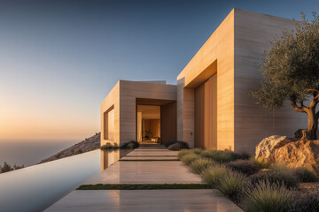Luxury cliffside residence built from wood and stone, featuring infinity pool and Mediterranean landscape — perfect for property development visuals, resort branding, and architectural concept design