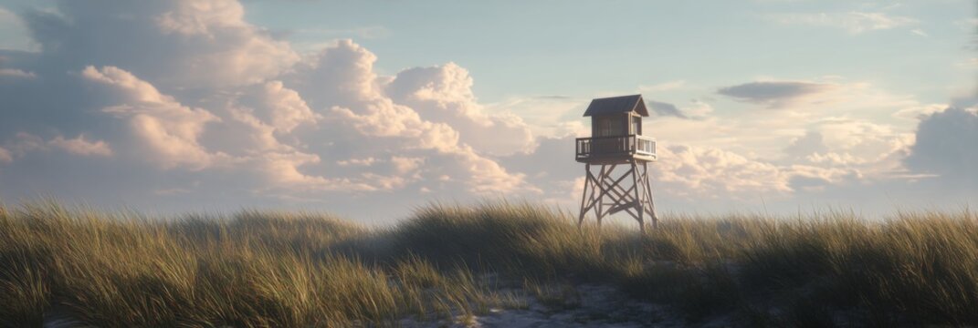Tranquil Coastal Landscape with Lifeguard Tower Surrounded by Dune Grass and Dramatic Cloudy Sky at Sunset