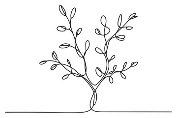 Continuous one line drawing of a young tree with branches and leaves, minimalist nature concept illustration

