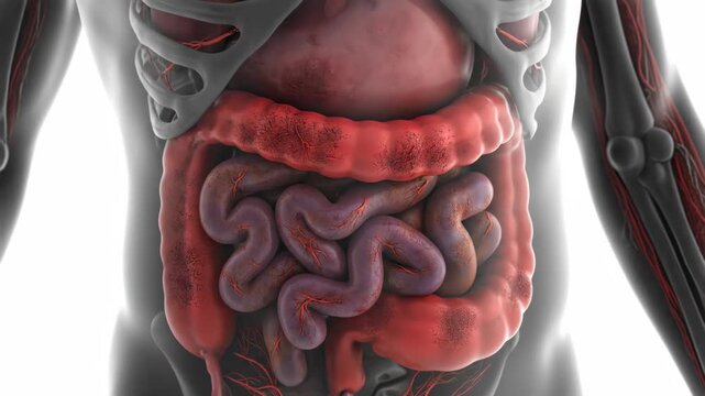 Dynamic 3D animation revealing human digestive system with vibrant organs, ideal for medical education and healthcare visuals