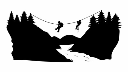 Adventurous silhouette of people zip-lining above a river between forest cliffs in the mountains