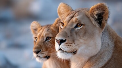 Obraz premium A close up of a lioness and her cub looking at the camera