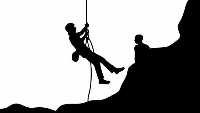 Brave climber rappelling down mountain under supervision, adventure lifestyle concept, vector design element