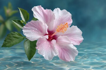 Pink hibiscus flower floating on rippling water surface