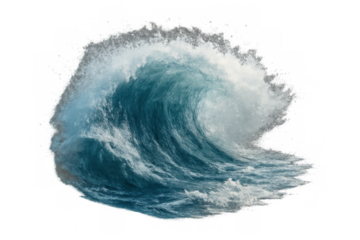 Large blue ocean wave crashing, generating white foam and spray, showing strength and movement. Transparent background