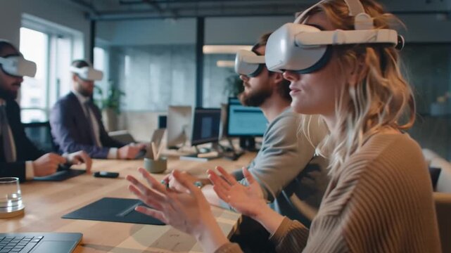 VR Experience in the Modern Office: Team members fully immersed in a virtual reality experience during a corporate meeting, showcasing the future of collaboration. - Powered by Adobe