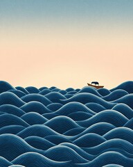 Obraz premium sunrise boat adventure - Serene Ocean Waves with Solitary Boat at Dawn - tranquil ocean artwork