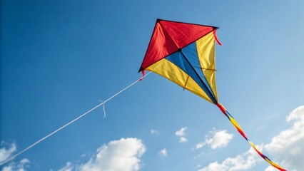 Close Up of Colorful Traditional Kite Flying High in Clear Blue Sky with Full Frame Background