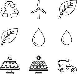 A simple and modern eco-friendly icon set featuring recycling, renewable energy, leaf, water, solar panel, and electric car symbols in a thin line editable vector style with consistent outline weight 