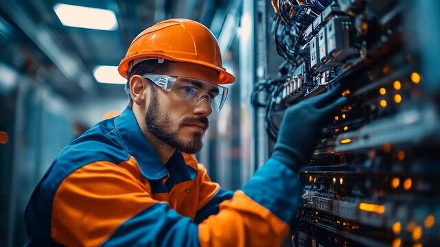 Technician in safety gear inspecting server equipment
