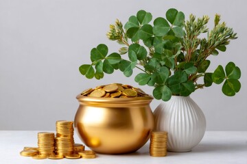 Pot of gold, shamrock, and coins celebrating St. Patrick's Day