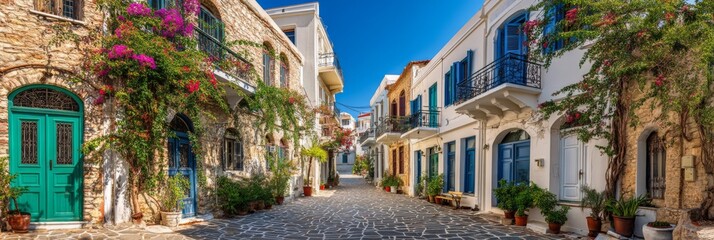 Charming sunlit street lined with vibrant flowers and traditional architecture in a picturesque Mediterranean village