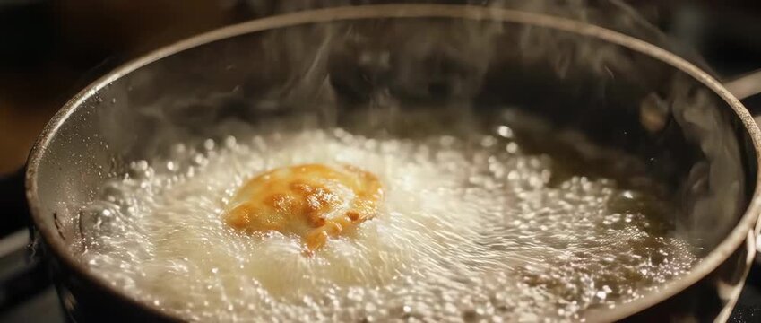 Samosa or sambusek being deep-fried in hot oil. Represents Iftar preparation and festive Ramadan food.