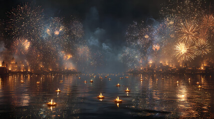 Celebrate diwali festival of lights with fireworks and candles on water at night scene